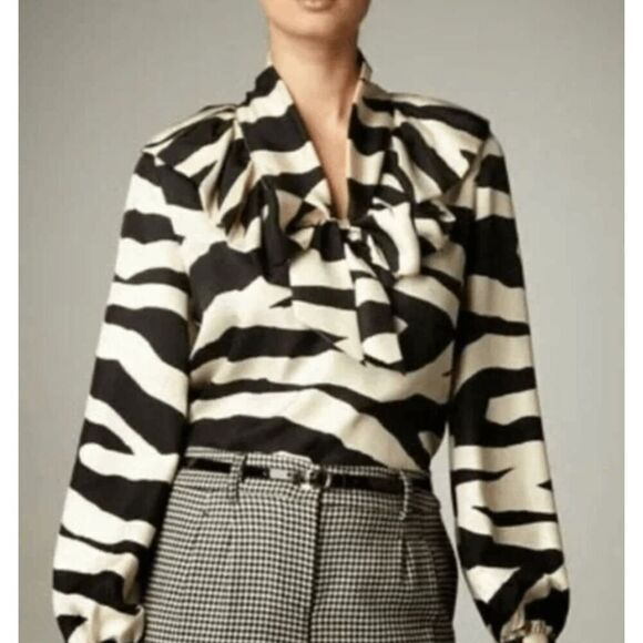 Kate Spade Catarina Zebra Print 100% Silk Ruffle Collar Tie Blouse Women's M - Picture 1 of 12